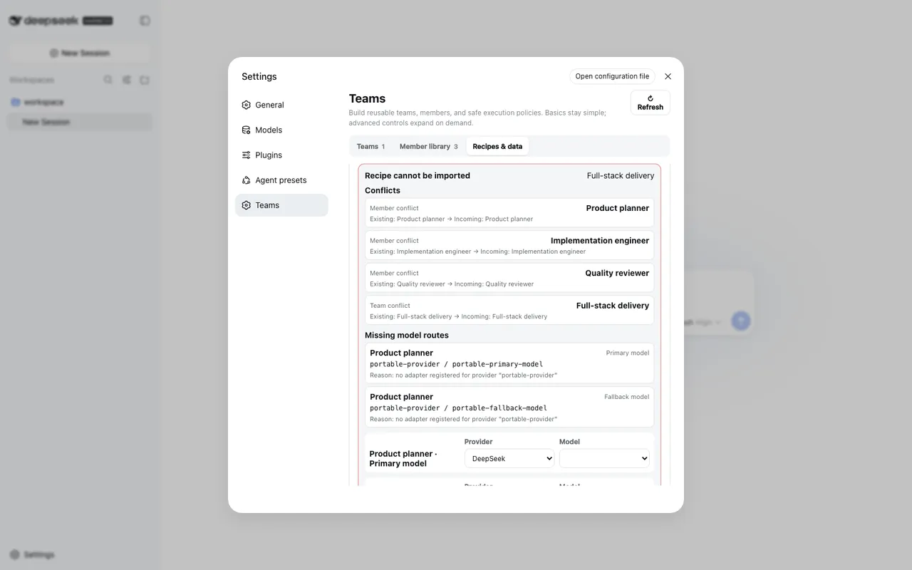 Preview a recipe, conflicts, affected teams, and primary/fallback route remapping