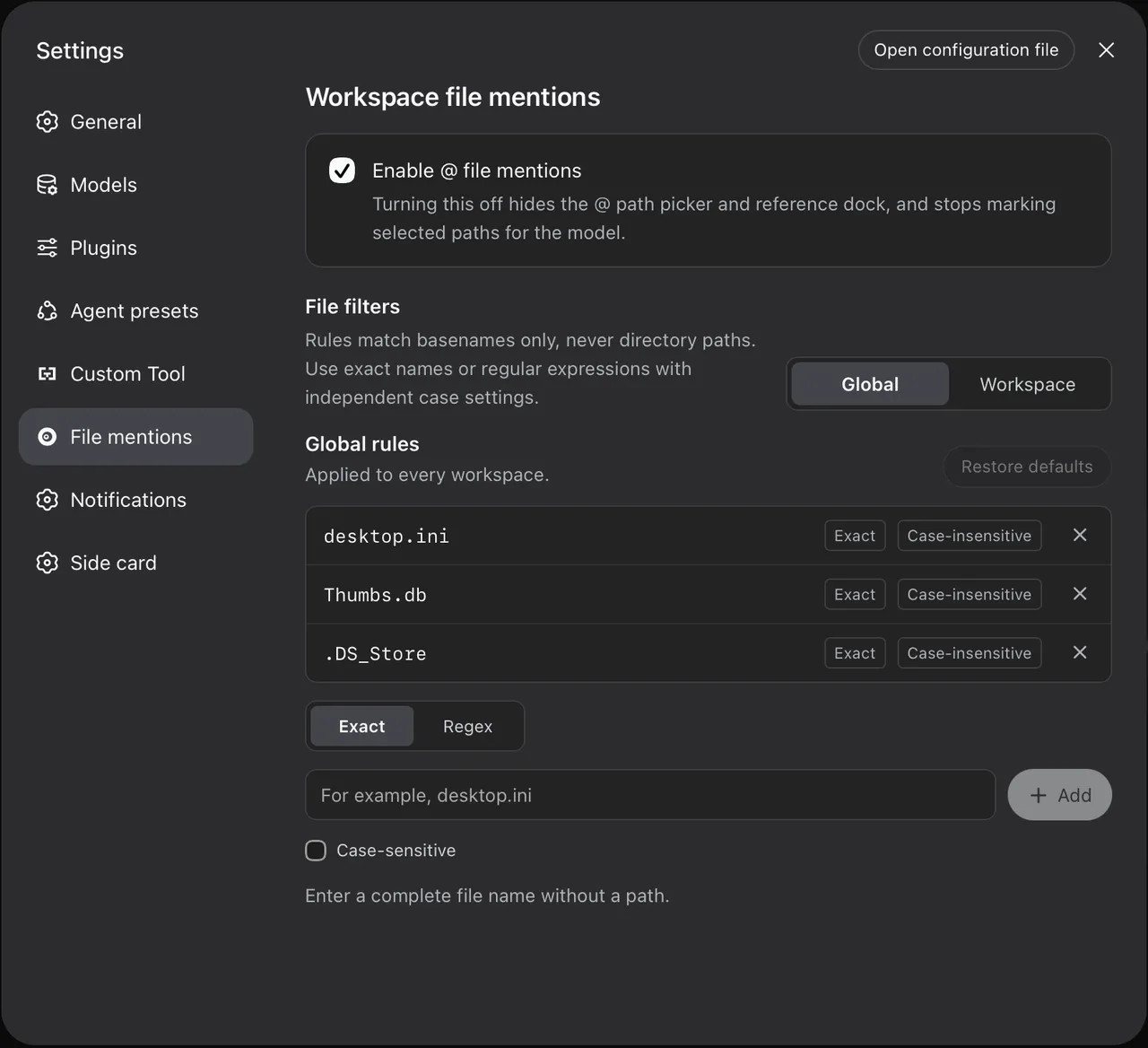 File mention settings with Exact and Regex rules