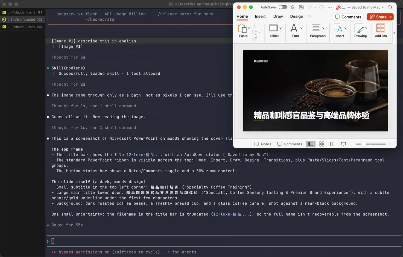 The skill triggering on its own in a DeepSeek Claude Code session and reading a pasted slide