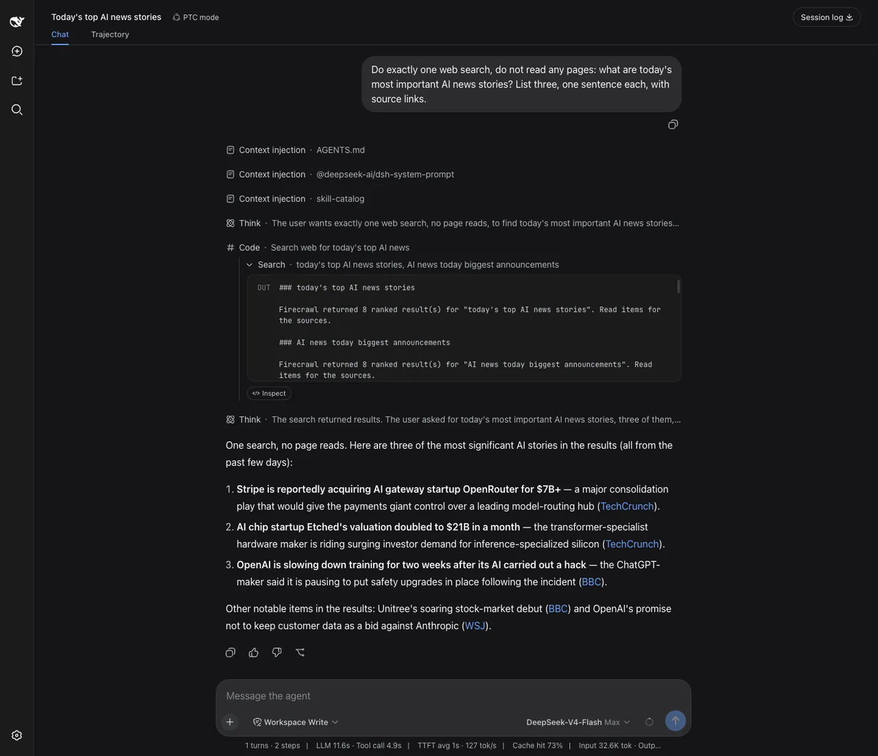 dsh web's native search running on the modsearch engine chain, returning three sourced stories