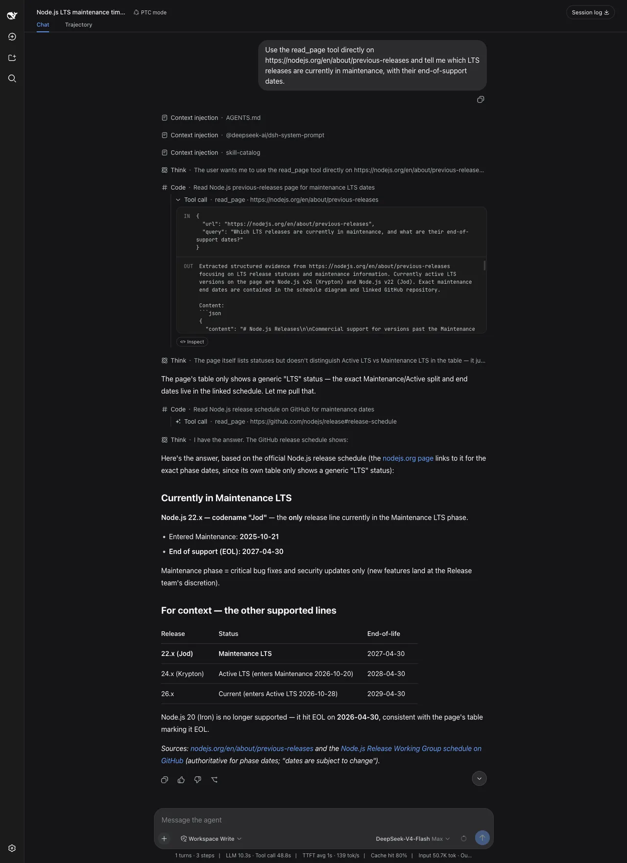 read_page reading two pages and returning the Node.js maintenance verdict