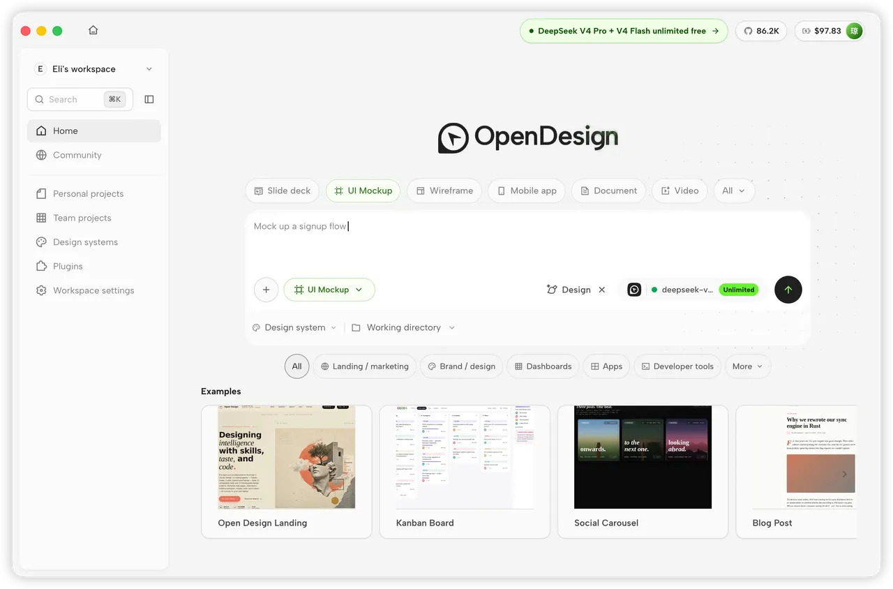 OpenDesign Home page with artifact types, brief composer, model picker, and examples