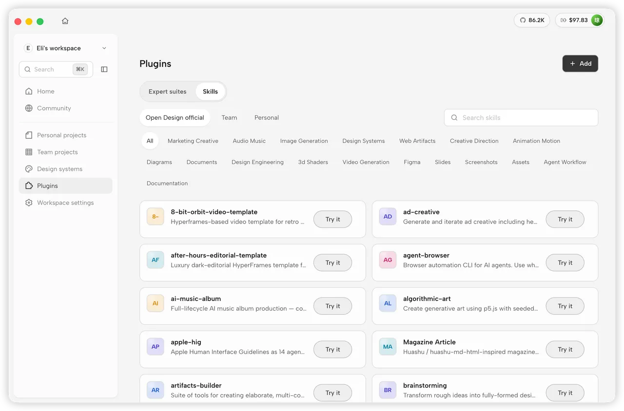 OpenDesign Plugins page showing the official skills catalog